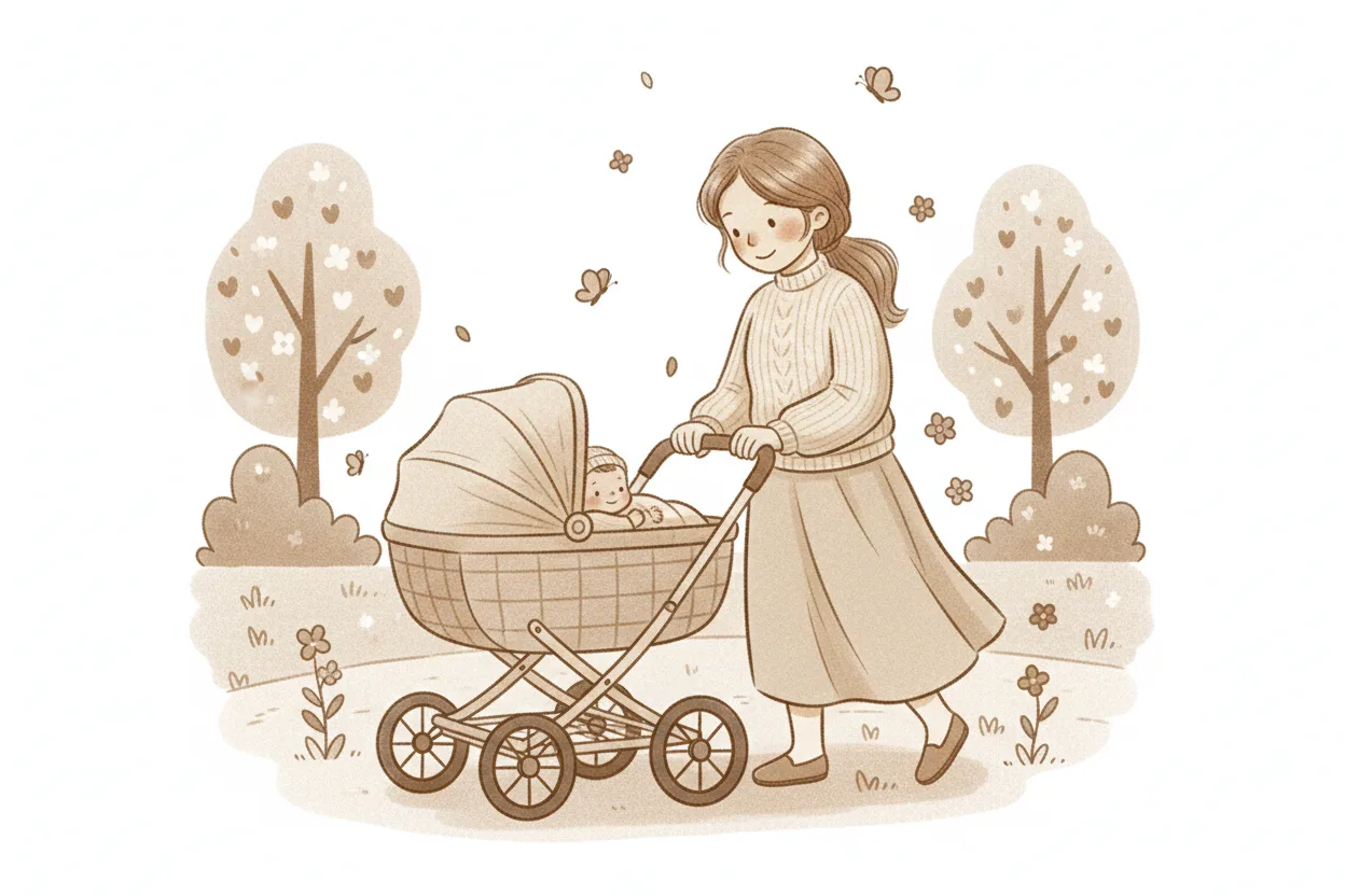 Mama spacerująca z noworodkiem w wózku podczas wiosennego spaceru